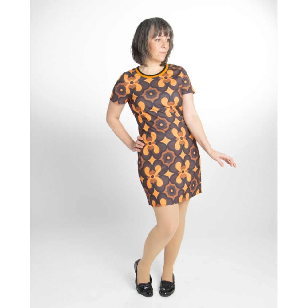 Love Her Madly "Wendy" Orange/Brown Mod Print Short Sleeve Dress
